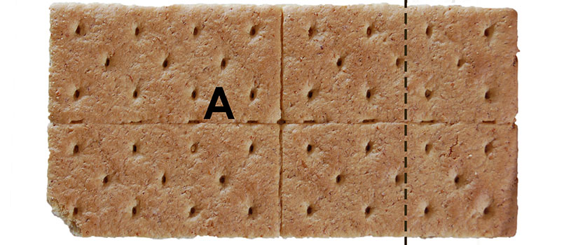 graham cracker with dotted line showing first cut for A pieces